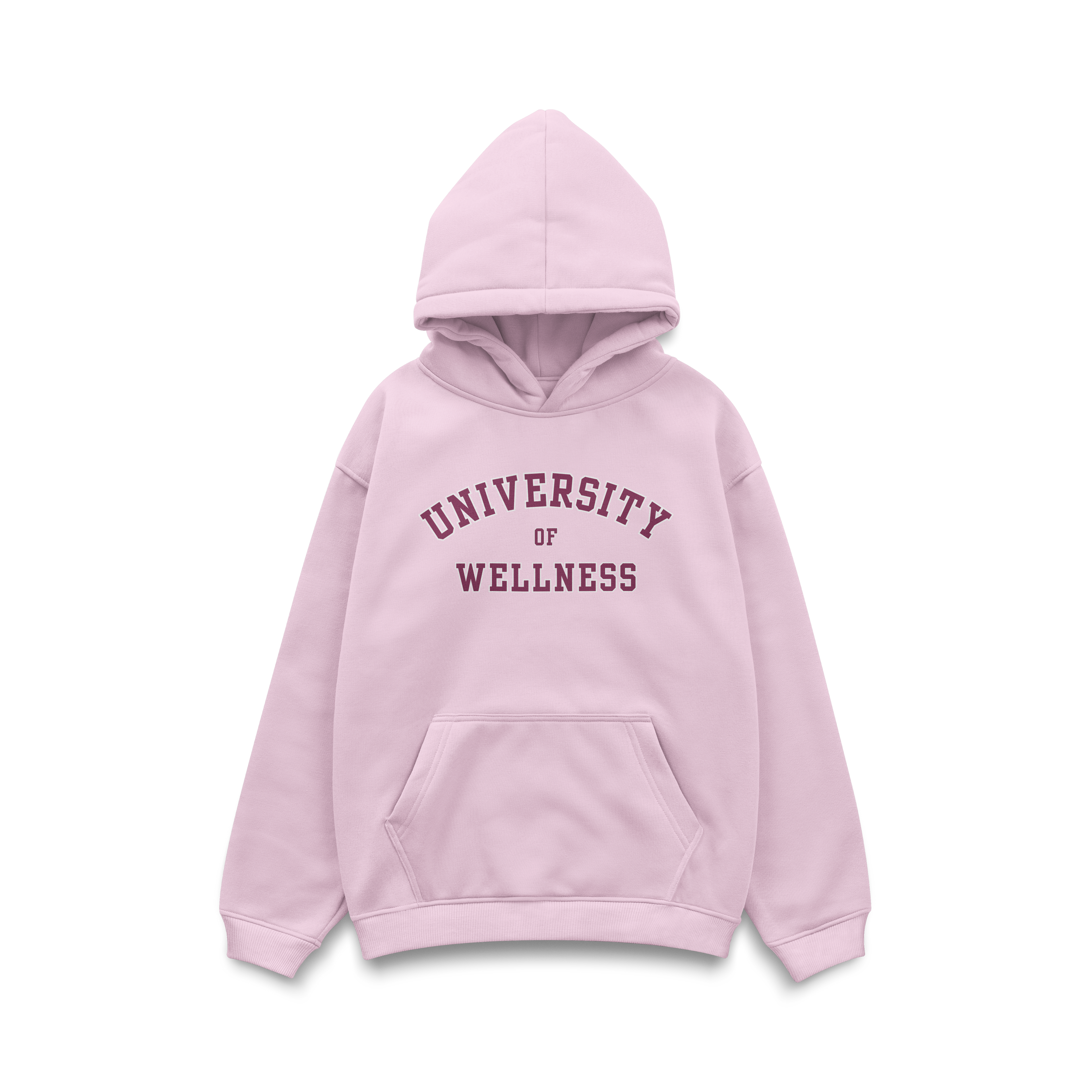 Pink hoodie with 'University of Wellness' text on a white background